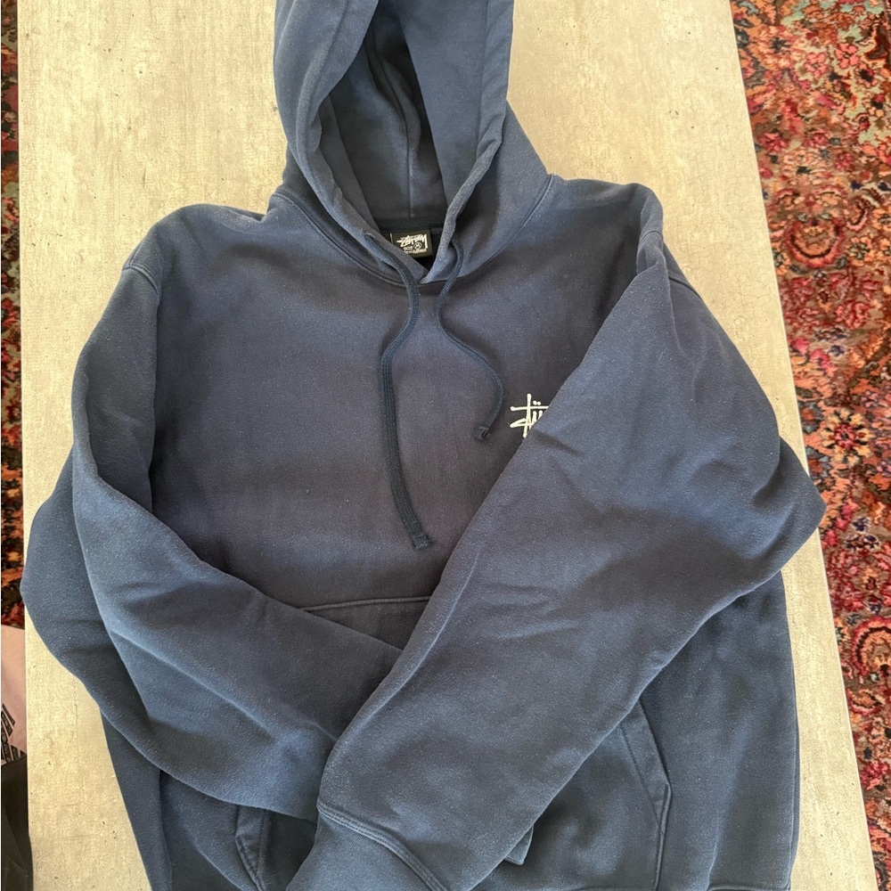Stussy Navy Pullover Hoodie with Script Tag